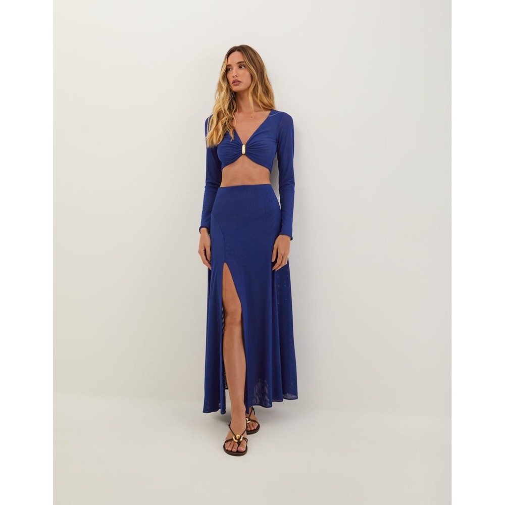 ViX Paula Hermanny Yarin Top Aviva Long Skirt Set Blue Mesh Two Piece M NWT
